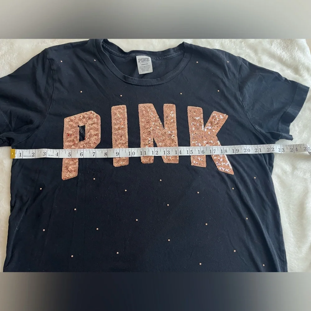 PINK Victoria's Secret Black Tee with  Sequin Logo - Picture 5 of 7